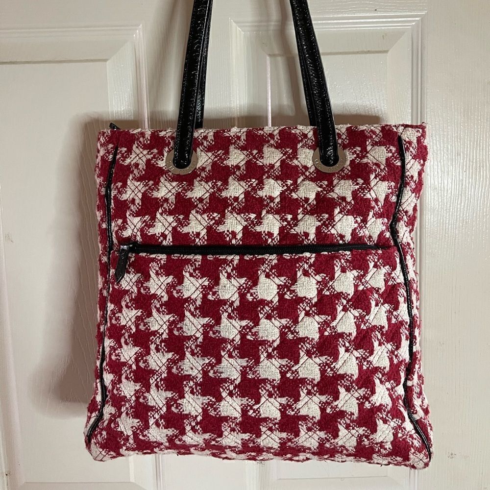 Vera Bradley white and red plaid shoulder bag with black double straps & trims